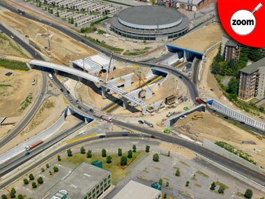 Photo aérienne du chantier d'une autoroute à Brescia (Italie)